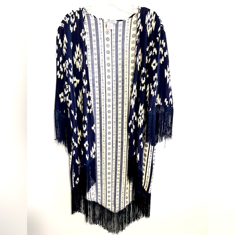 COTTON EXPRESS Ikat Tribal Boho Fringed Kimono Dark Blue/Off White Size …